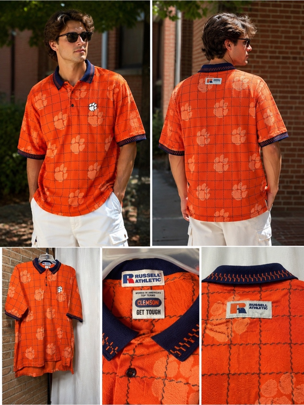 Vintage Clemson Tigers Russell Athletic Polo Shirt Men’s Medium Orange Retro